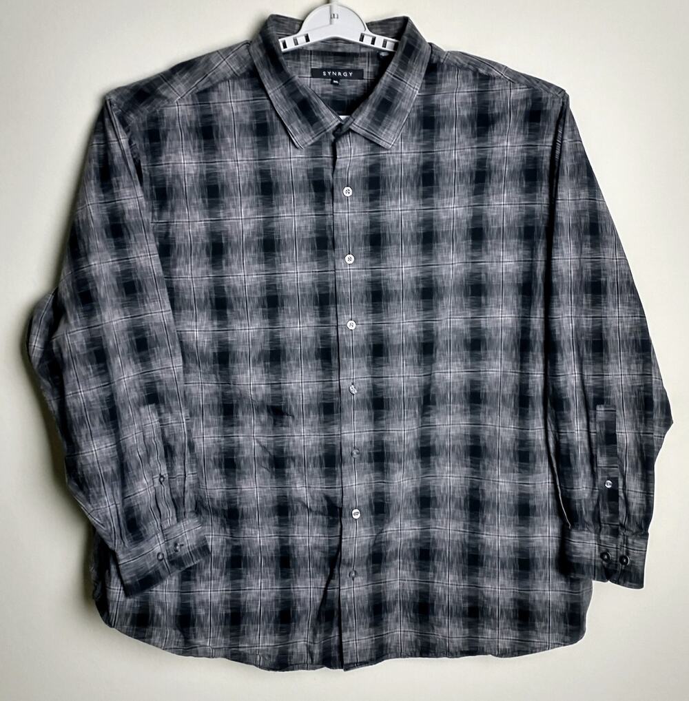 DXL SYNRGY Mens 3XL Plaid Button Down Shirt Grey Black Shadow Ombre Big & Tall